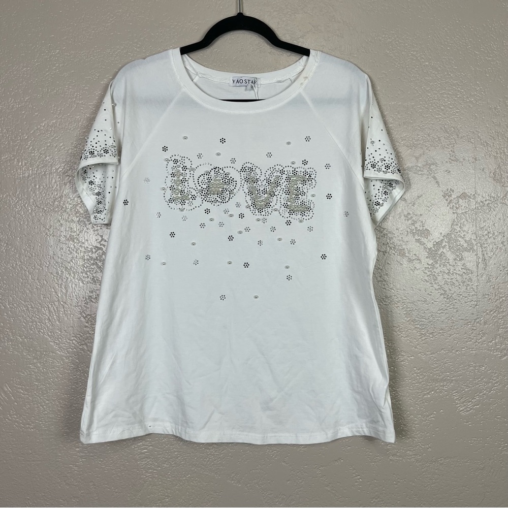 Women's‎ Rhinestone Fitted short sleeve stretch white blouse size XL